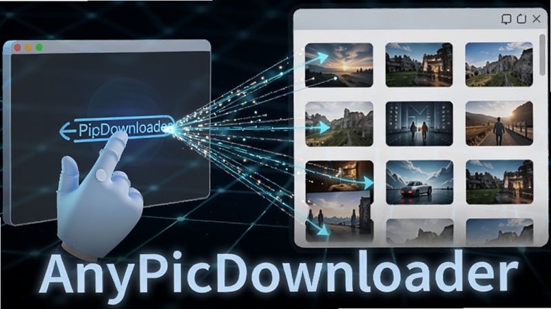 AnyPicDownloader 智能解析功能特写,画面中一只虚拟手点击屏幕上的链接,链接化为多条光线连接至多张图片缩略图,缩略图整齐排列在右侧面板,背景为深色科技网格,突出智能识别与批量提取的视觉效果,软件名称 AnyPicDownloader 以柔和光效显示在画面底部
