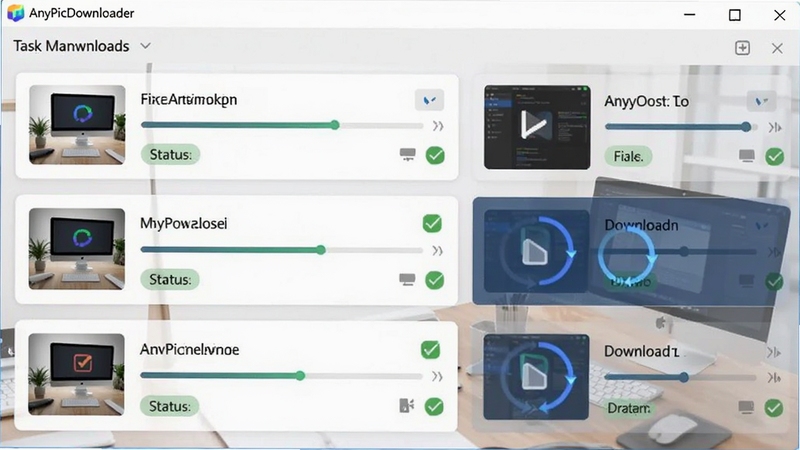 AnyPicDownloader 任务管理面板界面,画面展示多个下载任务卡片,每个卡片包含缩略图、文件名、进度条和状态标签,部分任务显示已完成绿色对勾,部分显示下载中动画,背景为浅灰色办公桌面风格,突出任务管理与断点续传的便捷性,软件名称 AnyPicDownloader 显示在顶部标题栏