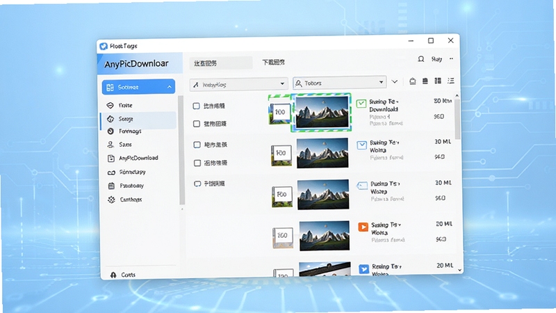 AnyPicDownloader 软件主界面全景展示,画面中央为软件窗口,左侧是功能导航栏,右侧是图片下载任务列表,背景为浅蓝色渐变科技风格,整体布局清晰,突出批量下载图片的核心功能,画面比例16:9,高清细节,适合软件下载站展示