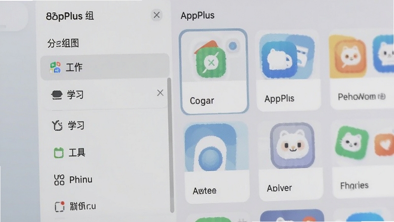 AppPlus分组管理界面特写,画面主体为左侧分组列表与右侧应用卡片网格,坐标位于画面中央偏左,背景区域为柔和浅灰渐变,界面内可见工作、学习、工具等分组标签,整体风格清新简约,适配Boogu模型生成