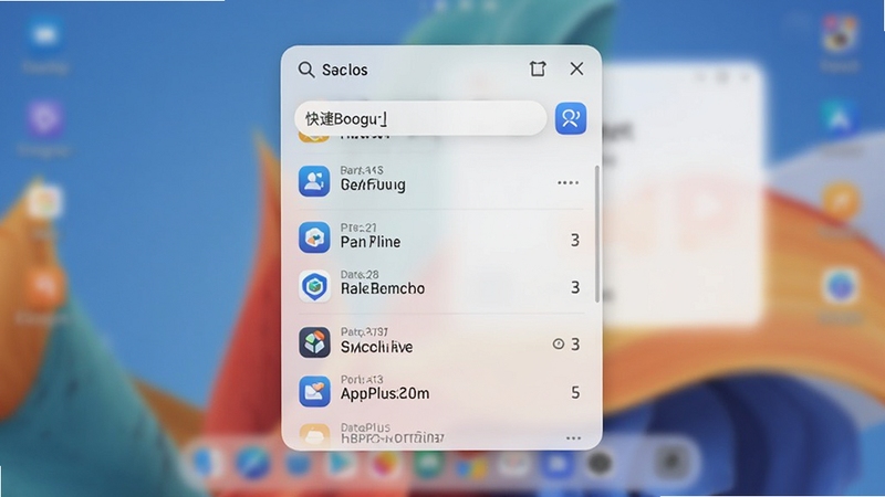 AppPlus快捷面板呼出效果图,画面主体为屏幕中央半透明快捷搜索框与下方应用列表,坐标位于画面中心偏上,背景区域为模糊处理的桌面壁纸,面板内显示搜索关键词与匹配结果,整体风格现代轻盈,适配Boogu模型生成