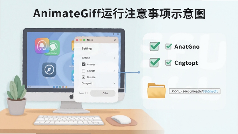 AnimateGif运行注意事项示意图,画面展示电脑桌面上软件图标与设置菜单,旁边有勾选框和文件夹路径示意,整体风格为信息图解式,色调柔和,适配Boogu模型生成