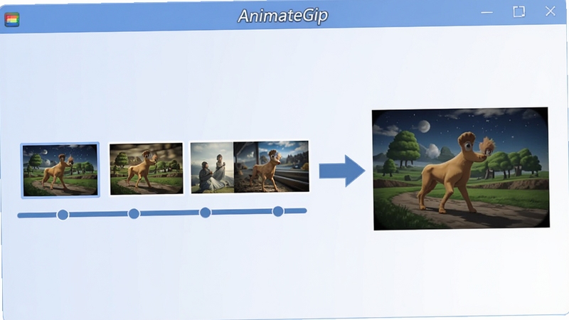 AnimateGif多图合成GIF功能演示图,画面展示多张图片缩略图排列成时间轴,箭头指向生成的GIF动图预览,软件名称AnimateGif出现在界面标题栏,背景为柔和的蓝白配色,适配Boogu模型生成