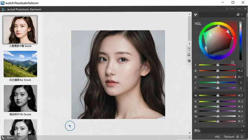 ArcSoft PhotoStudio Darkroom软件中展示多个预设滤镜缩略图,包括人像柔肤、风光增强、黑白胶片等效果,中央是一张人物肖像照片,右侧是HSL色彩调整面板,界面配色清爽,背景为浅灰色,突出滤镜的多样性与易用性。