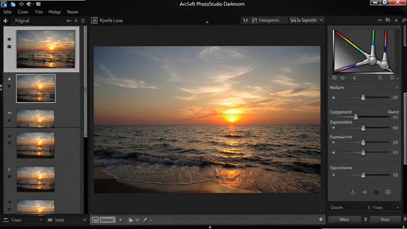 ArcSoft PhotoStudio Darkroom软件界面中,一张RAW格式的日落照片正在被调整,左侧是原始文件缩略图列表,中央是色彩鲜艳的日落海景,右侧是白平衡与曝光补偿滑块,界面风格简洁专业,背景为深灰色工作区,画面强调RAW解析的细腻层次。