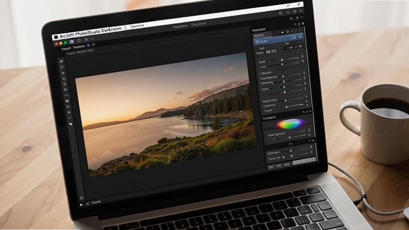 一台打开的笔记本电脑屏幕上显示着ArcSoft PhotoStudio Darkroom的软件界面,界面中央是一张风景照片的编辑预览图,右侧排列着曝光、对比度、色彩平衡等调整滑块,整体色调温暖,背景是整洁的木质桌面与一杯咖啡,画面采用俯视视角,光线柔和自然,突出数码暗房的专业感与易用性。