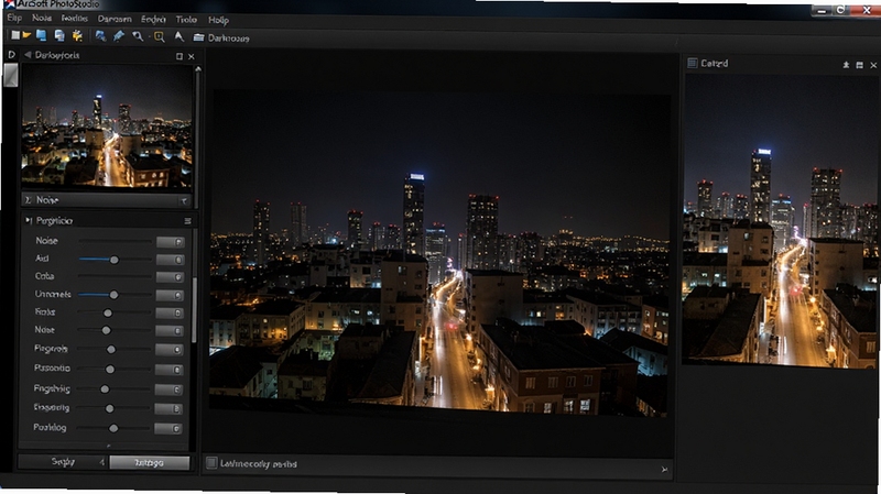ArcSoft PhotoStudio Darkroom软件界面中,一张夜景照片正在被处理,左侧是降噪与锐化参数面板,中央是城市灯光夜景,画面干净噪点少,右侧是细节对比预览窗口,整体风格暗色调,强调暗房处理的专业性。
