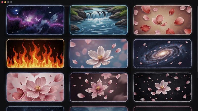 Animated Screen 软件模板库界面展示,画面主体为网格状排列的动态壁纸缩略图,包含星空、流水、火焰、花瓣等元素,背景区域为深色半透明面板,每个缩略图带有微光边框,整体呈现精致丰富的视觉效果,适配Boogu模型生成