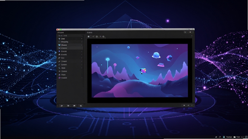 Animated Screen 动态壁纸制作软件主界面全景展示,画面中央为软件操作面板与动态预览窗口,背景区域呈现深色渐变科技风格桌面环境,四周环绕流动的光影粒子与几何线条,整体色调以蓝紫为主,突出动态屏幕的视觉冲击力与科技感,适配Boogu模型生成