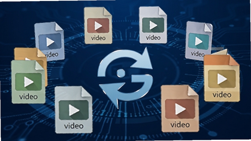 arcsoft mediaconverter 视频格式转换功能特写,画面中央展示多个视频格式图标围绕转换箭头排列,背景为深蓝色渐变科技感背景,突出格式互转的流畅与高效
