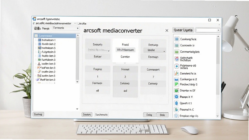 arcsoft mediaconverter 软件主界面全景展示,中央区域为格式转换功能面板,左侧为设备预设列表,右侧为待转换文件队列,背景为简洁的浅色办公桌面环境,整体画面清晰明亮,突出软件核心功能布局