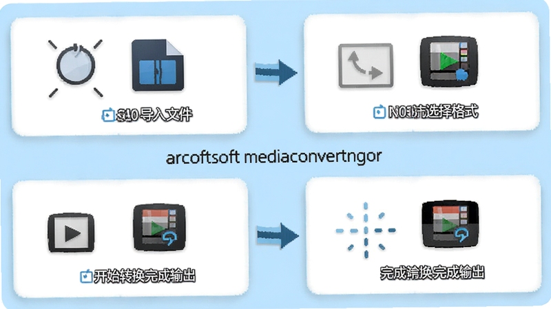 arcsoft mediaconverter 操作流程示意图,画面以步骤形式展示导入文件、选择格式、开始转换、完成输出四个环节,每个环节配有简洁图标,背景为清爽的浅蓝色,帮助用户快速理解操作流程