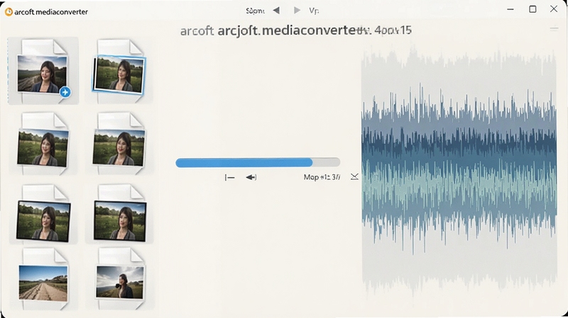 arcsoft mediaconverter 照片与音频转换功能展示,画面左侧为照片文件缩略图,右侧为音频波形图,中间为转换进度条,背景为素雅的米白色,突出多功能处理能力