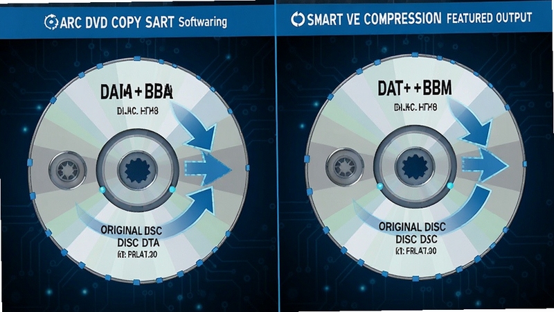 Arc DVD Copy software demonstrating disc cloning and smart compression feature, split screen showing original disc data on left and compressed output on right, digital arrows indicating data flow, clean tech style with blue and white color scheme