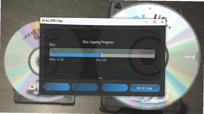 Arc DVD Copy software interface showing disc copying progress bar with a DVD in the background, main window at center screen with blue accent buttons, dark gray background area for text overlay, clean modern UI layout