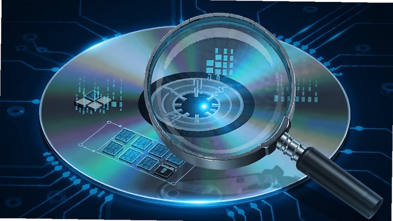 Arc DVD Copy software error correction and high speed reading engine concept, magnifying glass inspecting a DVD surface with digital data blocks being recovered, futuristic blue lighting, clean technical illustration style