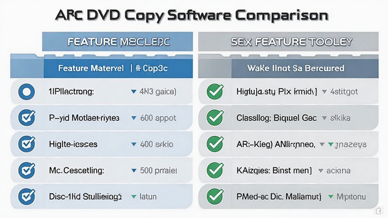 Arc DVD Copy software comparison chart with other similar disc copying tools, clean infographic style showing feature matrix, blue and gray color palette, professional layout with icons and checkmarks