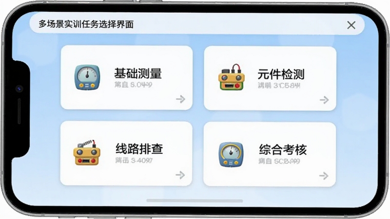 电工仪表仿真软件多场景实训任务选择界面,画面主体为手机屏幕显示任务列表,包含基础测量、元件检测、线路排查、综合考核四个卡片式入口,每个卡片配有小图标,背景为淡蓝色渐变,界面清爽,适合Boogu模型生成