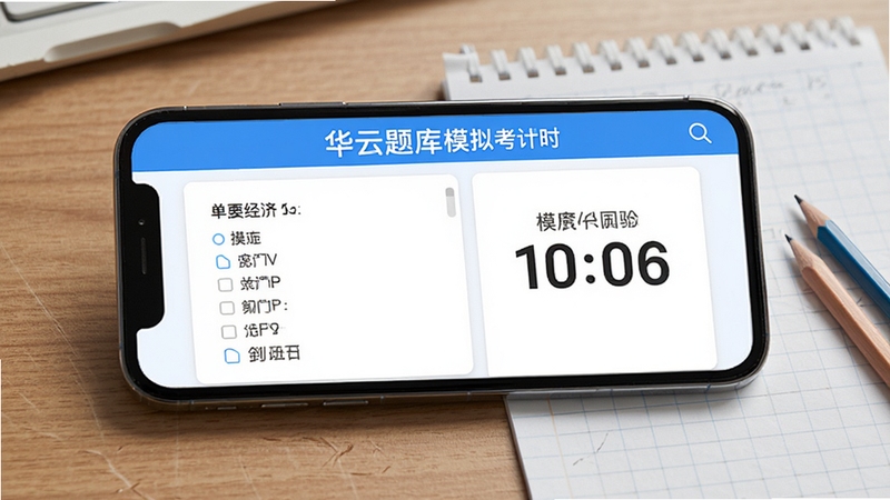 中级经济师华云题库模拟考试倒计时页面,手机横屏显示单选题与计时器,桌面有草稿纸和铅笔,清爽蓝白配色,写实UI风格