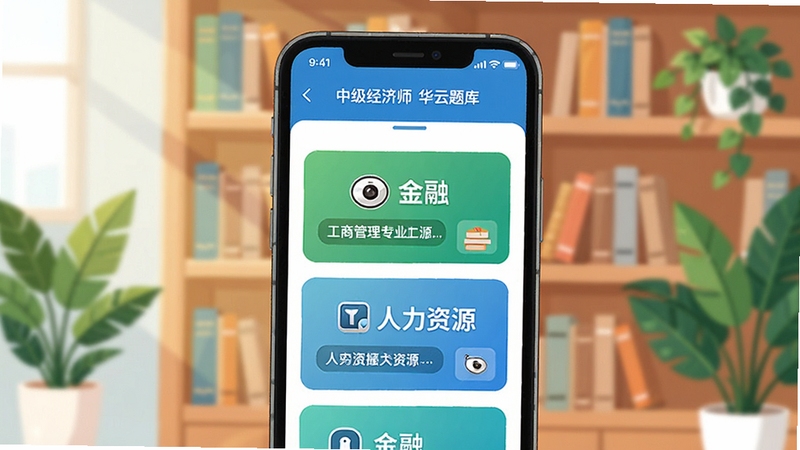 中级经济师华云题库专业切换界面,手机显示工商管理、金融、人力资源等多个专业卡片,背景为书架与绿植,明亮清新,矢量插画风格