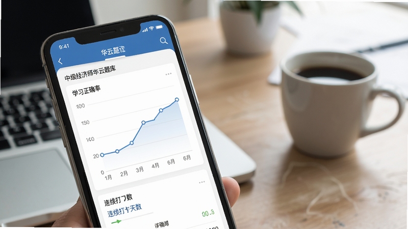 中级经济师华云题库学习数据统计面板,手机屏幕显示正确率折线图与连续打卡天数,背景为办公桌与咖啡杯,简约商务风格