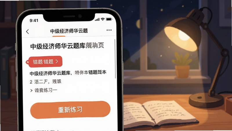 中级经济师华云题库错题本页面,手机屏幕显示红色错题标签与重新练习按钮,背景为深夜书桌台灯,温馨学习氛围,数字插画风格