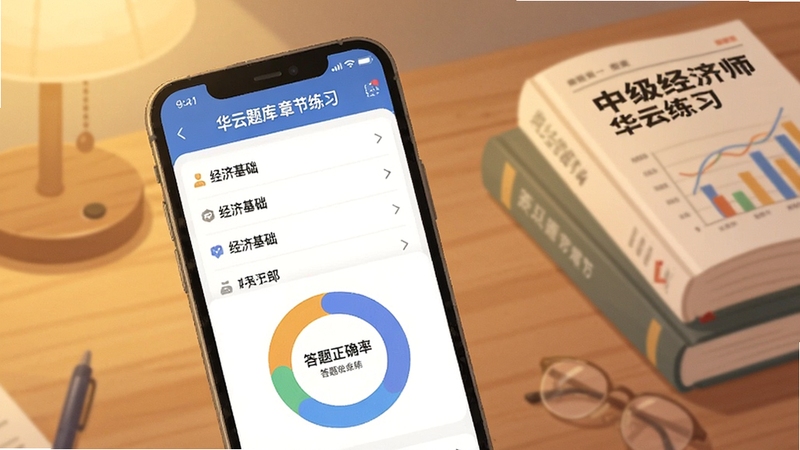 中级经济师华云题库章节练习界面,手机屏幕显示经济基础章节列表与答题正确率环形图,背景为书桌与教材,柔和暖光,扁平插画风格
