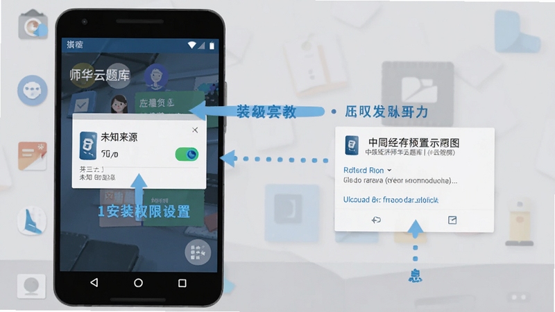中级经济师华云题库安装权限设置示意图,安卓手机屏幕显示未知来源应用开关与存储权限弹窗,背景为浅灰桌面,清晰标注操作步骤,扁平化教学插图