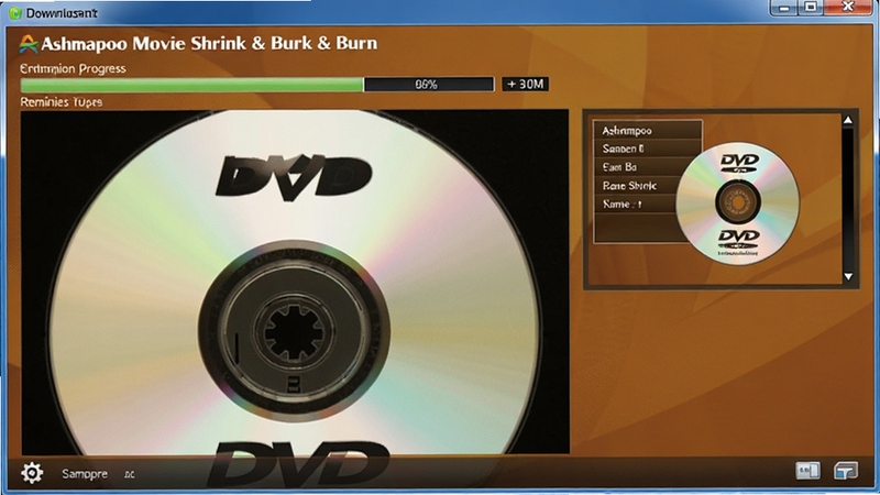 Ashampoo Movie Shrink & Burn 光盘刻录界面,画面中是一张正在写入数据的DVD光盘特写,屏幕背景显示刻录进度百分比和剩余时间,旁边有光盘菜单预览小图,整体色调偏暖,适合下载站配图
