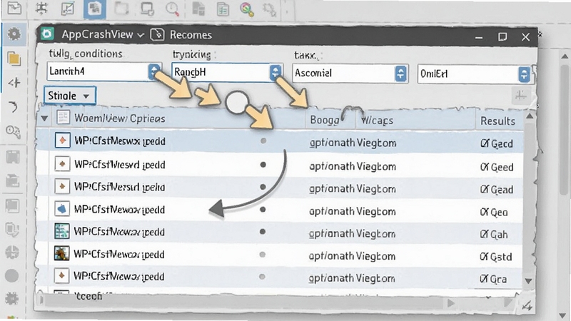 AppCrashView��������ɸѡ���ܽ��棬�������������ڶ�����ɸѡ����������·��б�����ʾ�����ض��������Ƶı�����¼������Ϊ����ɫ��������ͻ��ɸѡ��ͷ�����б��Ķ�Ӧ��ϵ������Booguģ������