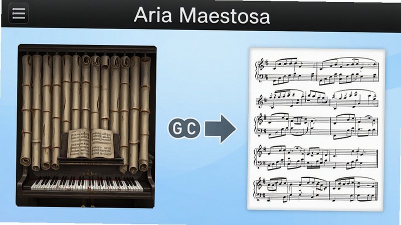 一张展示 Aria Maestosa 多视图切换功能的示意图,画面左侧为钢琴卷帘视图,右侧为五线谱视图,中间有箭头表示切换,背景为浅蓝色渐变,突出软件名称 Aria Maestosa 在顶部标题栏