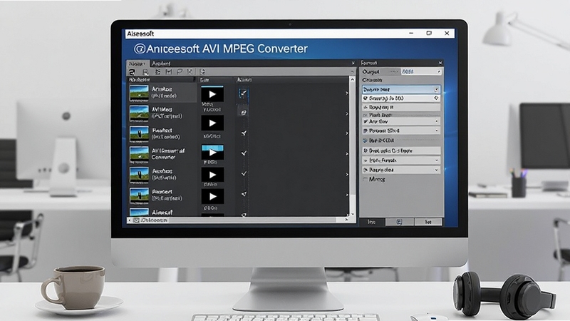һ̨��Լ����Windows�������棬��Ļ�������Aiseesoft AVI MPEG Converter�������棬�������Ƶ�ļ��б����Ҳ��������ʽѡ����壬������ǳ��ɫ�칫�����������Ϸ���һ�����Ⱥ�һ��������������������������ͻ���������ƺ���Ƶת������