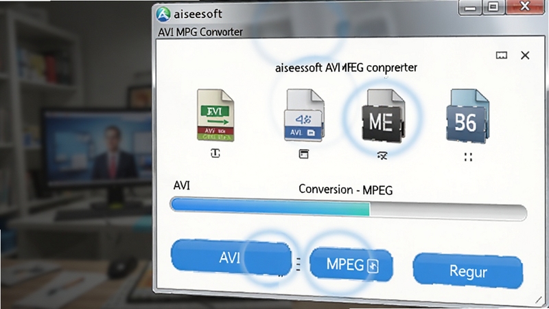 Aiseesoft AVI MPEG Converter����������д����ʾAVI�ļ�����ת��ΪMPEG��ʽ�Ľ����������������ɫ������ť�͸�ʽͼ�꣬�����黯��ͻ��ת������