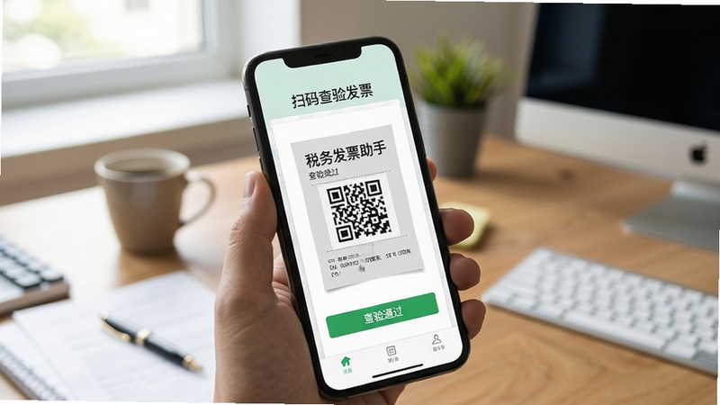 税务发票助手 扫码查验发票功能界面 手机镜头对准发票二维码 屏幕显示查验通过 办公桌面场景 自然光线 写实风格