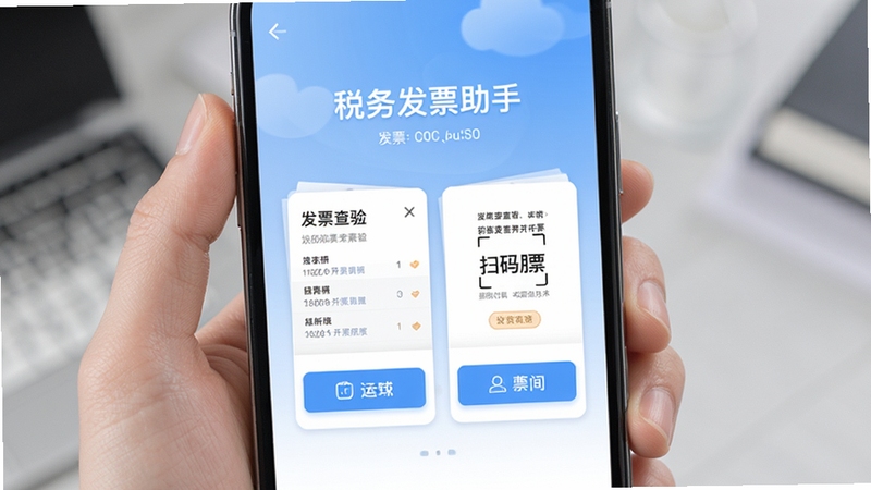 税务发票助手 手机端应用主界面 展示发票查验与扫码开票功能入口 画面主体居中 背景为浅蓝色渐变 商务简约风格 高清细节
