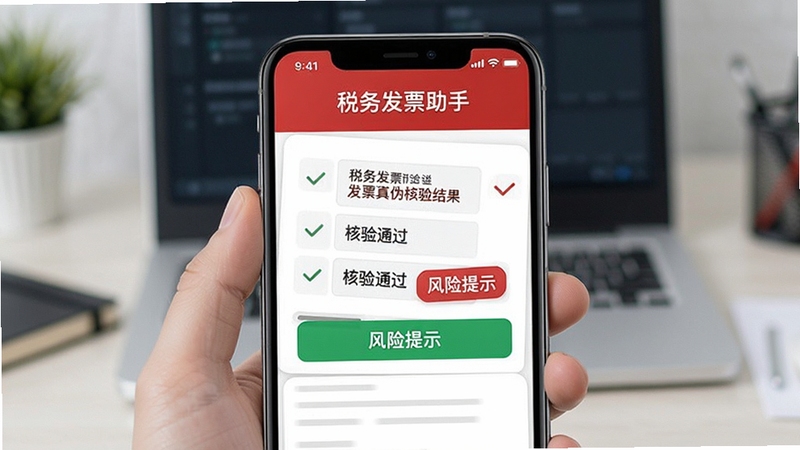 税务发票助手 发票真伪核验结果页面 显示核验通过与风险提示标签 手机界面 红色与绿色对比清晰 专业风格