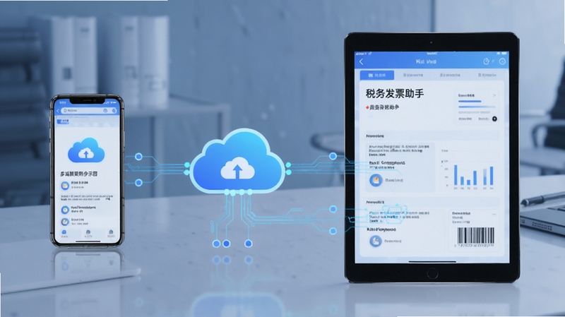 税务发票助手 多端数据同步示意图 手机与平板电脑之间数据流转 云存储图标 科技蓝色调 简洁大气
