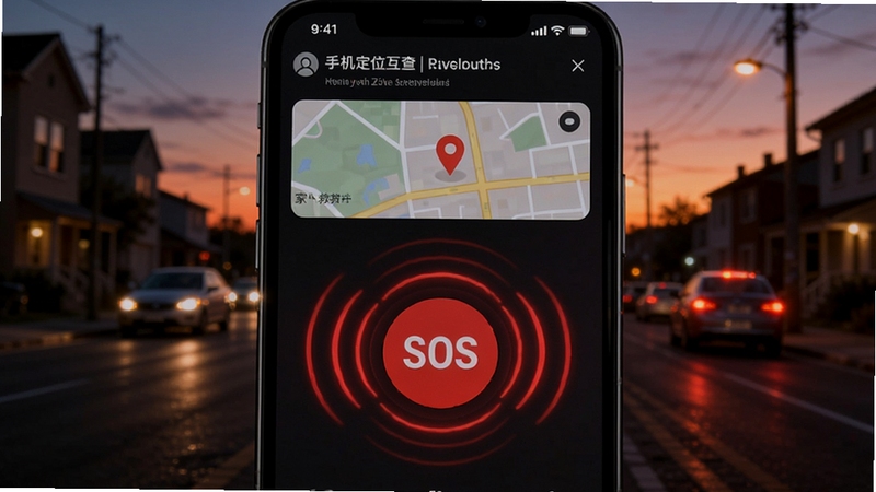 手机定位互查一键求助功能演示图,手机屏幕中央有一个醒目的红色SOS按钮,按钮周围有脉冲波纹效果,屏幕上方显示发送给家人的求救信号和地图定位,背景是黄昏时分的街道场景,氛围略带紧张但充满安全感