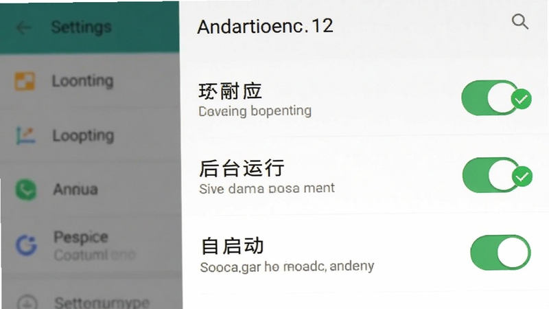 手机定位互查权限设置引导界面截图,画面显示安卓系统设置页面中定位、后台运行、自启动三个开关全部处于开启状态,旁边有绿色对勾标记,背景是手机设置菜单的模糊虚化效果