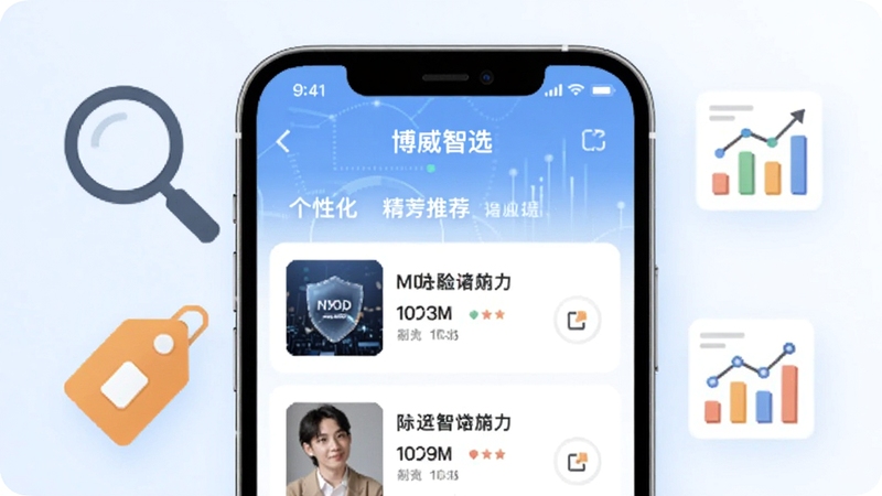 博威智选APP智能推荐功能特写图,画面以手机屏幕为中心展示个性化推荐列表,周围环绕放大镜、标签、数据图表等扁平化图标元素,背景为淡蓝到白色的柔和渐变,突出智能算法与精准匹配的科技感,适配Boogu模型生成