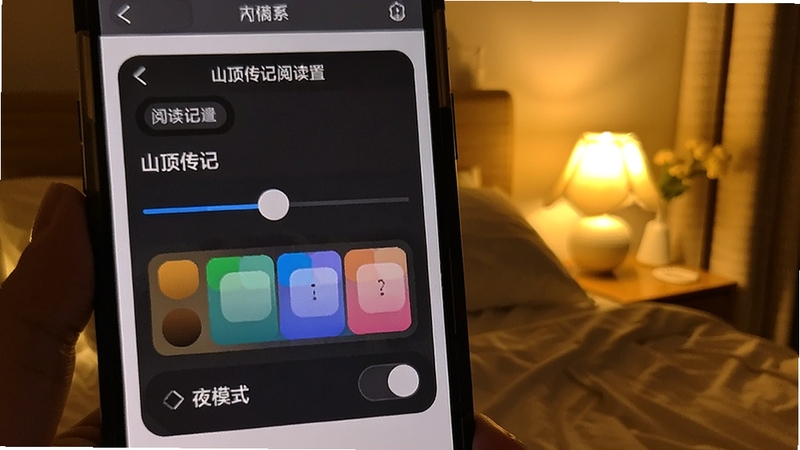 山顶传记阅读设置面板特写,画面展示手机屏幕上的字体调节滑块、背景色选择器和夜间模式开关,背景是温馨的卧室床头灯光场景,突出个性化与舒适阅读体验