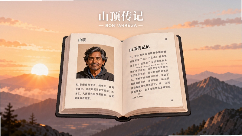山顶传记应用主界面展示,画面中央是一本翻开的电子书,书页上显示人物肖像与文字,背景是柔和的山顶日出场景,整体色调温暖宁静,突出阅读氛围与传记主题,高清插画风格