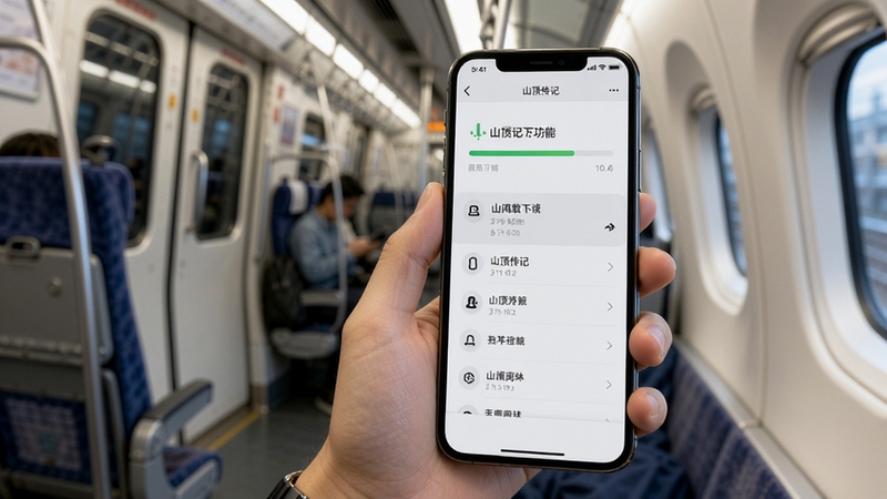 山顶传记离线下载功能展示,画面中一只手拿着手机,手机屏幕上显示下载进度条和已下载列表,背景是地铁车厢或飞机客舱场景,强调无网络环境下的阅读便利性,整体风格写实清新