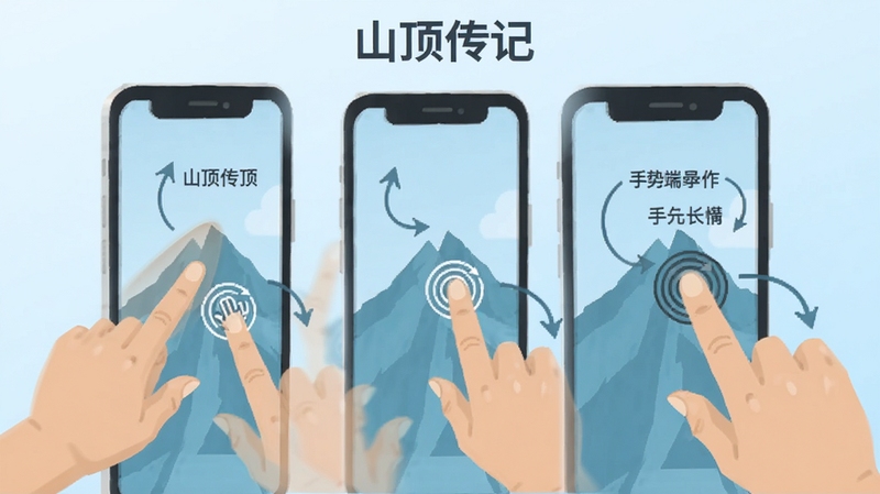 山顶传记移动端操作手势示意图,画面展示手指在手机屏幕上的滑动、点击、长按等动作,配以简洁的箭头和文字标注,背景是淡蓝色渐变,风格扁平化设计,软件名称山顶传记出现在画面顶部