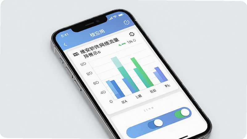 维安软件网络行为管理功能展示,手机界面显示各应用流量消耗排行榜,配有柱状图和开关控制按钮,背景为浅灰色简约风格,画面干净整洁