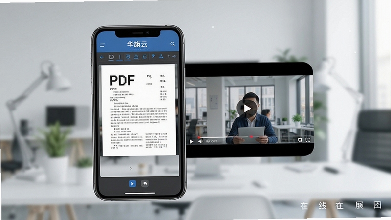 华旗云在线预览功能展示,手机屏幕内显示PDF文档与视频播放界面,背景虚化,现代简约风格