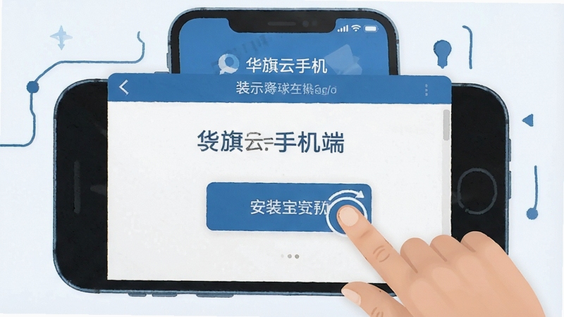 华旗云手机端安装步骤示意图,手指点击安装按钮,界面简洁,蓝白配色,扁平风格