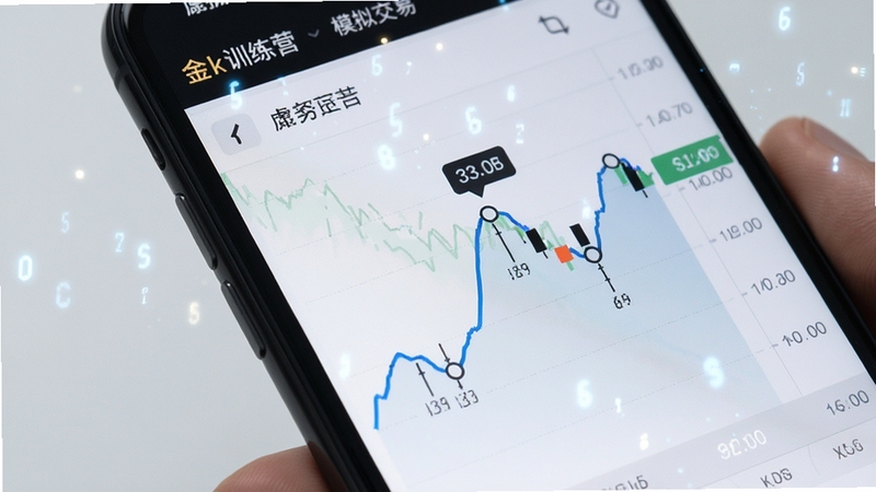 金k训练营 模拟交易界面特写,画面展示手机屏幕中虚拟资金曲线与买卖点标记,背景为浅灰色极简风格,图表线条清晰,周围有微弱的数字跳动光效,突出训练氛围
