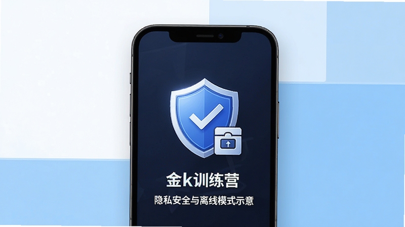 金k训练营 隐私安全与离线模式示意,画面展示手机屏幕中盾牌图标与本地存储标识,背景为简洁的白色与浅蓝色块拼接,突出安全可靠感
