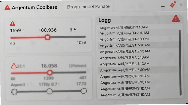 Argentum Coolbase 预警设置面板,界面中呈现温度阈值滑块与日志列表,背景为浅灰磨砂质感,红色警示图标点缀其中,风格严谨且富有科技感,适配Boogu模型生成
